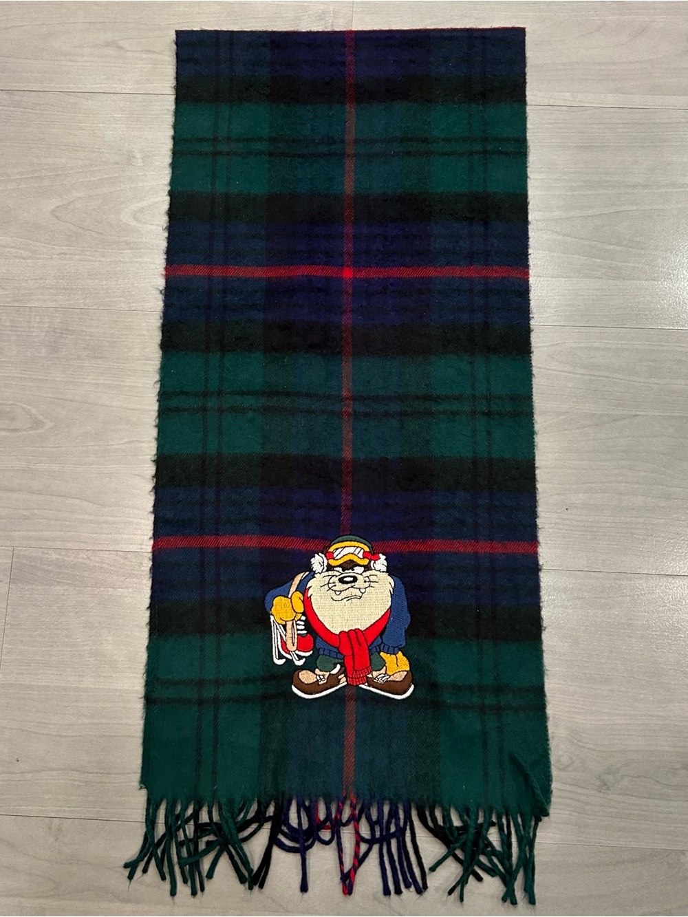 Vintage 1993 Looney Tunes Taz Tasmanian Devil Ski Plaid Scarf Made Japan